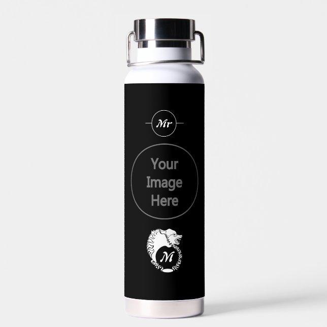 Tribal White Wolf Head Silhouette Laurel Monogram Water Bottle (Back)