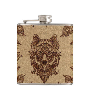 Tribal Wolf and feathers leather embossed effect Hip Flask