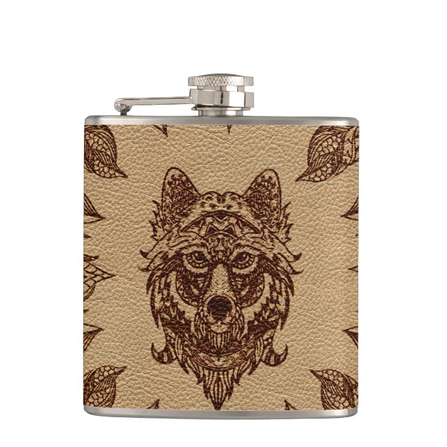 Tribal Wolf  and feathers leather embossed effect Hip Flask (Front)
