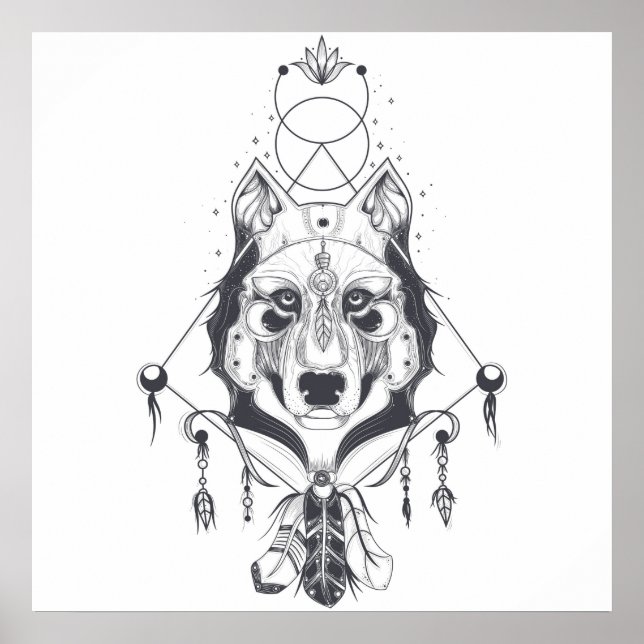 Tribal Wolf Animal In Black & White Poster (Front)