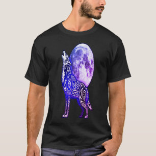 Tribal Wolf Howling at Moon T-Shirt   Mystical Blu