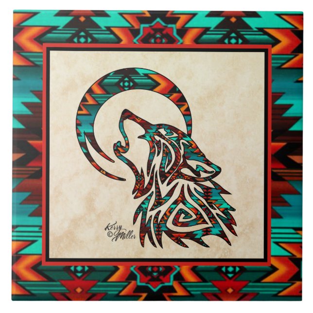 Tribal Wolf Howling At The Moon Ceramic Tile (Front)