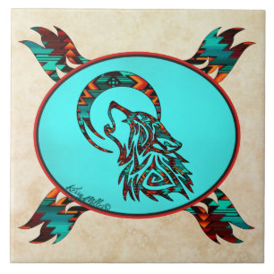 Tribal Wolf Howling At The Moon Ceramic Tile