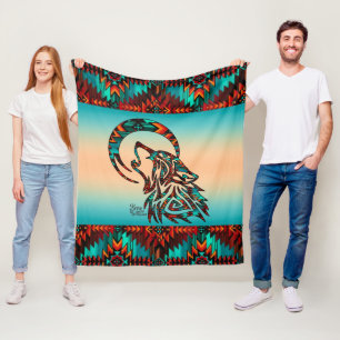 Tribal Wolf Howling At The Moon Fleece Blanket