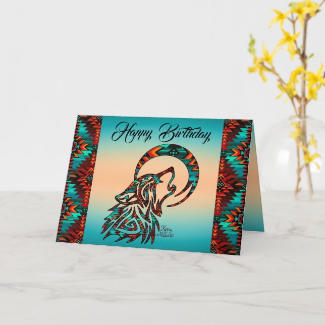 Tribal Wolf Howling At The Moon Greeting Card (Yellow Flower)