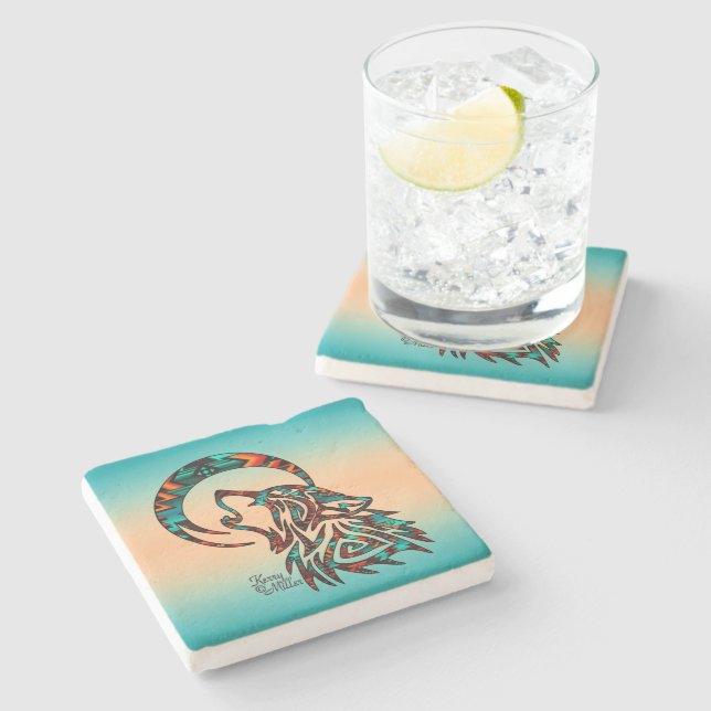 Tribal Wolf Howling At The Moon Stone Coaster (Side)