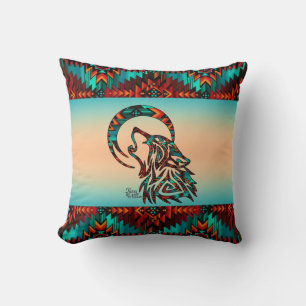 Tribal Wolf Howling At The Moon Throw Pillow