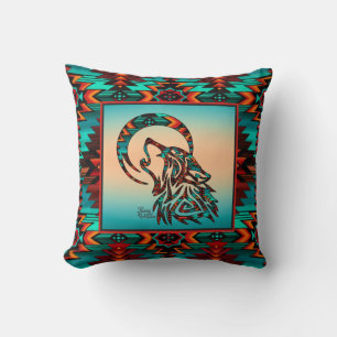 Tribal Wolf Howling At The Moon Throw Pillow