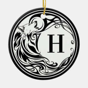 Tribal Wolf Monogram Ceramic Tree Decoration