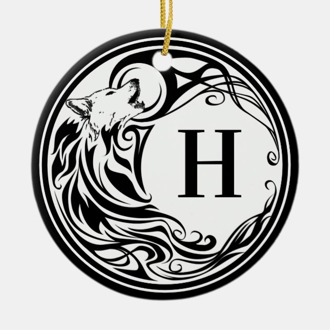 Tribal Wolf Monogram Ceramic Tree Decoration (Front)