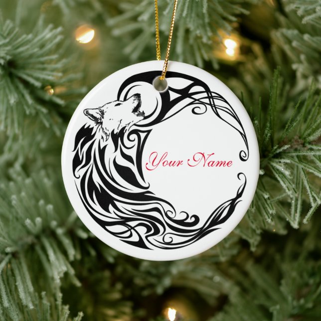 Tribal Wolf Personalised Name Ceramic Tree Decoration (Tree)