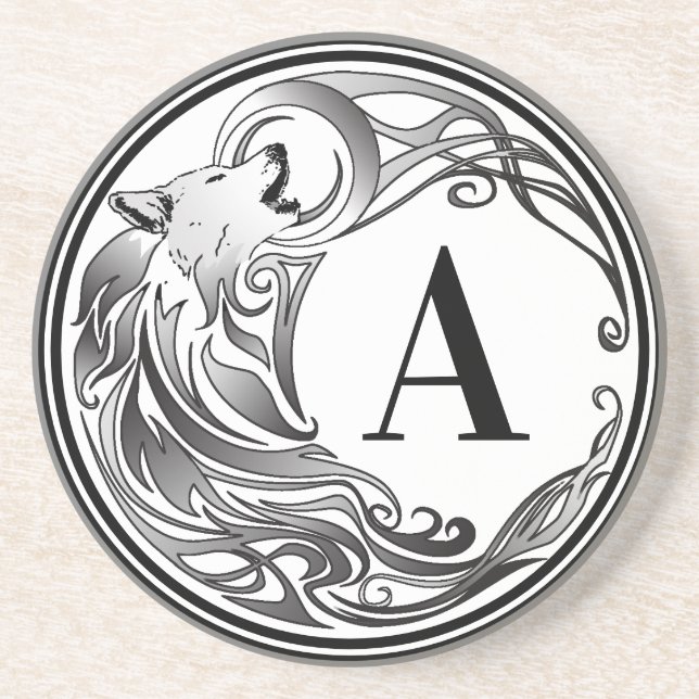 Tribal Wolf - Shaded Monogram Coaster (Front)