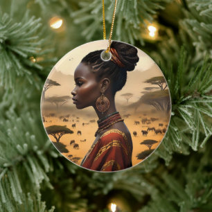Tribal Woman Watching Over Her African Landscape, Ceramic Tree Decoration