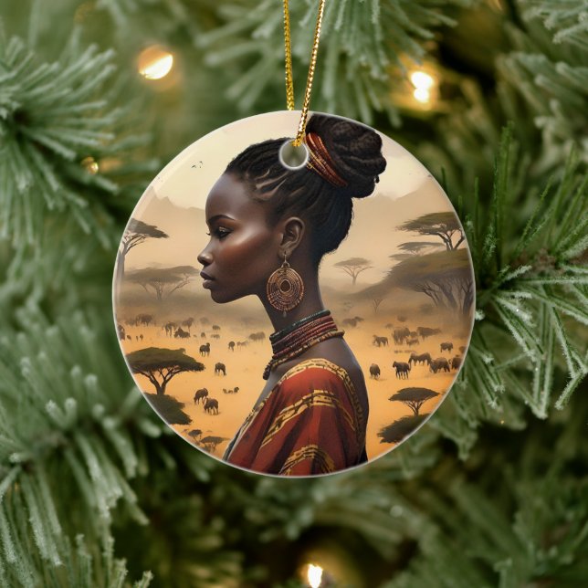 Tribal Woman Watching Over Her African Landscape, Ceramic Tree Decoration (Tree)