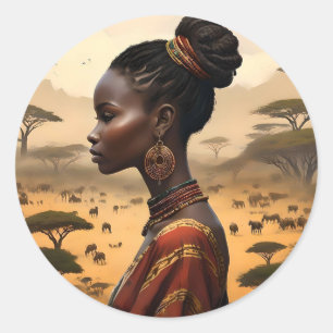 Tribal Woman Watching Over Her African Landscape, Classic Round Sticker