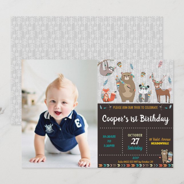 Tribal Woodland 1st Birthday Party Wild One Boy Invitation (Front/Back)