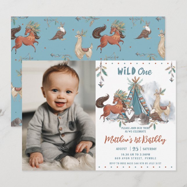 Tribal Woodland Animal Wild One 1st Birthday Photo Invitation (Front/Back)
