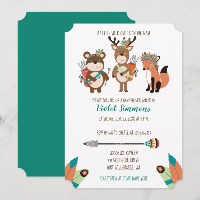 Tribal Woodland Animals Aqua Baby Shower Invite (Front/Back)