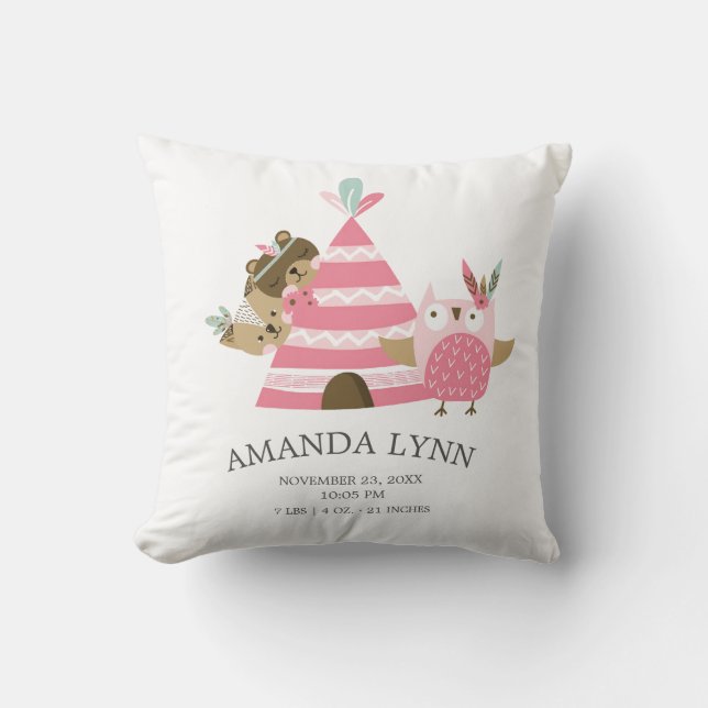 Tribal Woodland Animals Baby Birth Stats Pillow (Front)