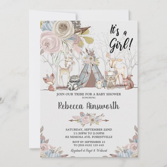 Tribal Woodland Animals Baby Girl Shower Floral Invitation (Front)