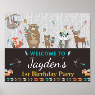 Tribal Woodland Animals Birthday Welcome Sign Boy