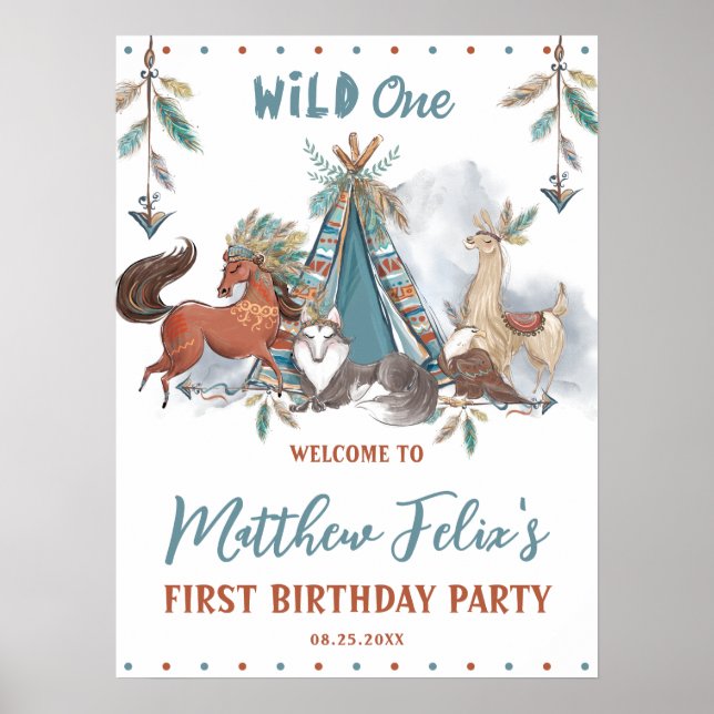 Tribal Woodland Animals Boy 1st Birthday Wild One Poster (Front)