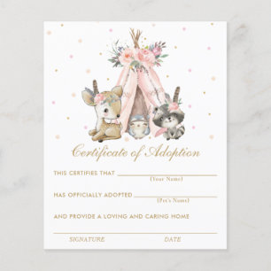 Tribal Woodland Animals Certificate of Adoption