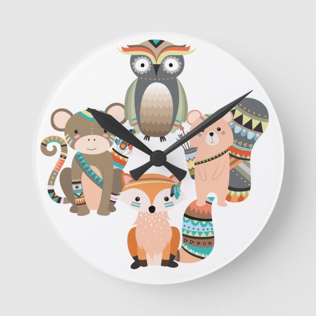 Tribal Woodland Animals Illustration Round Clock (Front)