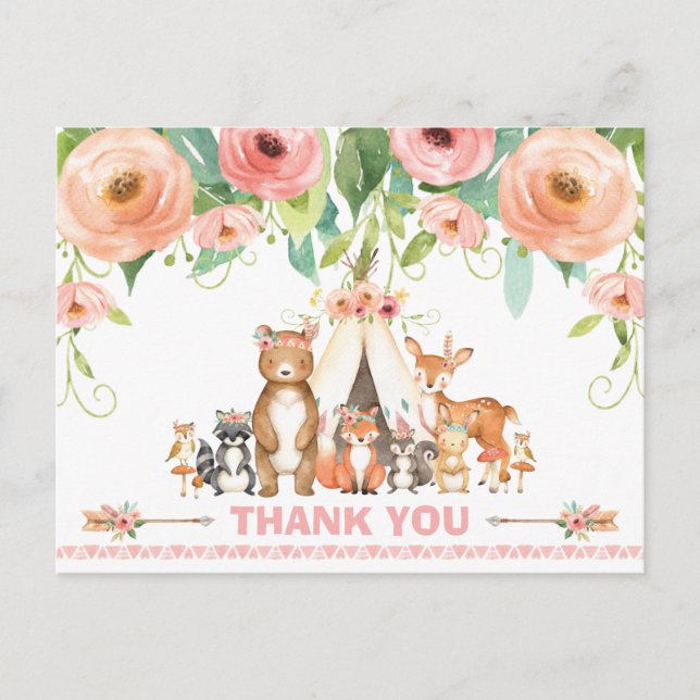 Tribal Woodland Baby Shower Birthday Thank You Postcard (Front)
