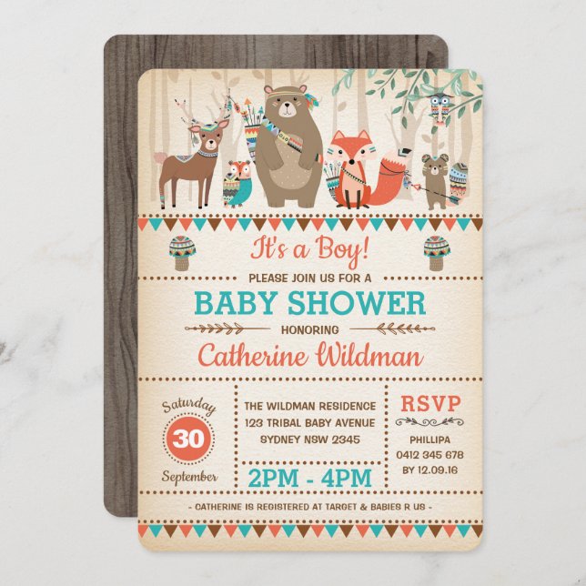 Tribal Woodland Baby Shower Rustic Forest Animals Invitation (Front/Back)