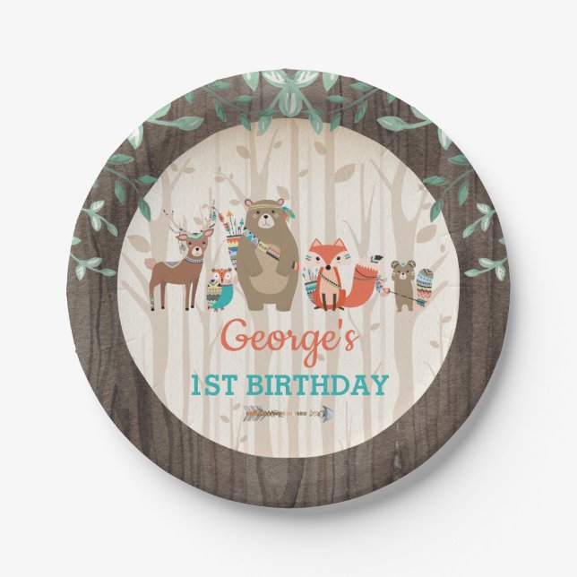 Tribal Woodland Birthday Forest Animal Baby Shower Paper Plate (Front)
