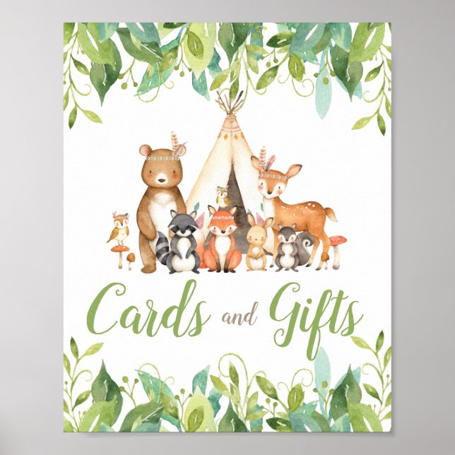 Tribal Woodland Greenery Baby Shower Cards Gifts Poster (Front)