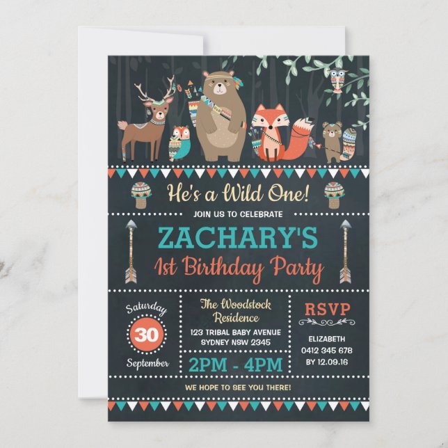 Tribal Woodland Wild One 1st Birthday Party Animal Invitation (Front)