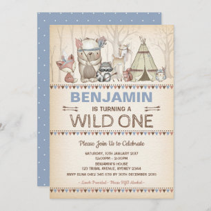 Tribal Woodland WILD ONE Rustic Animals Birthday Invitation