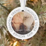 Tribute Photo Memorial Christmas Tree Ornament<br><div class="desc">A simple yet stylish memorial christmas tree ornament personalised with your favourite photograph of your loved one and text which reads 'DAUGHTER, SISTER, WIFE, MOTHER, GRANDMA, FRIEND' (can be changed to suit the person) their name and date. All font styles and background colours can be changed by clicking on the...</div>