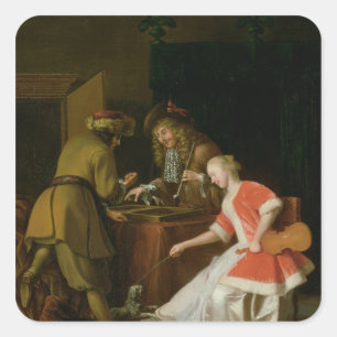 Tric-trac Players with a Lady and Her Dog Square Sticker