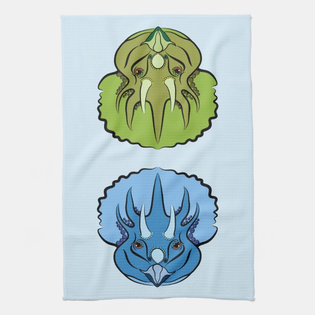 Triceratops Blue and Green Cute Dinosaurs Tea Towel (Vertical)
