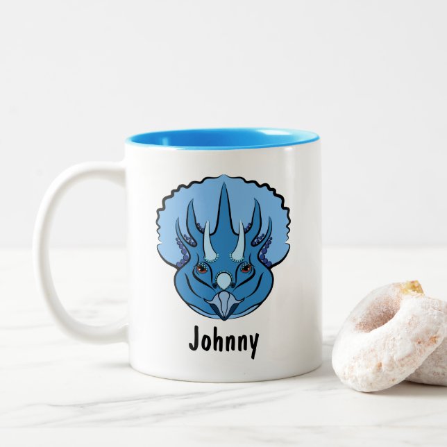 Triceratops Blue Cute Dinosaur Personalised Two-Tone Coffee Mug (With Donut)