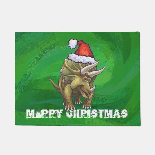 Triceratops Christmas Green Doormat (Front)