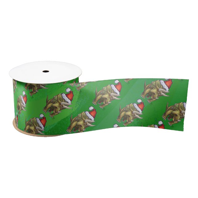 Triceratops Christmas Green Satin Ribbon (Spool)