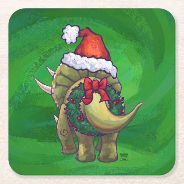Triceratops Christmas Green Square Paper Coaster (Front)