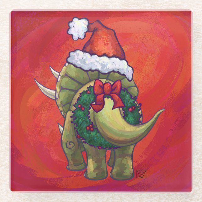 Triceratops Christmas On Red Glass Coaster (Front)