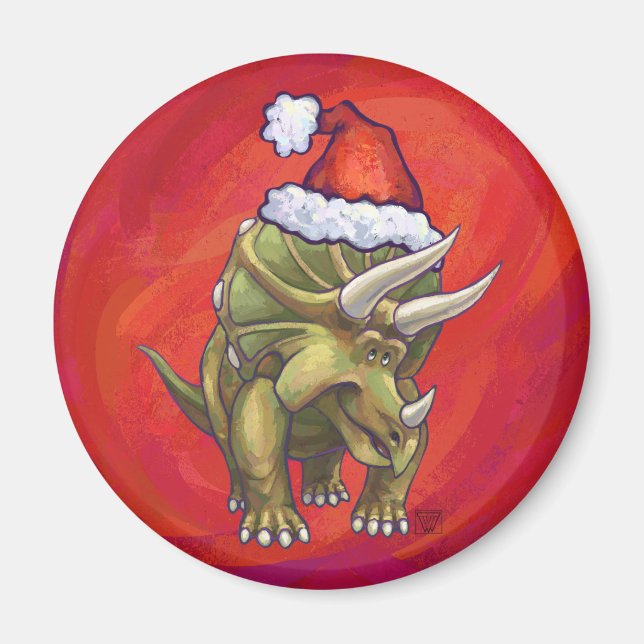 Triceratops Christmas On Red Magnet (Front)