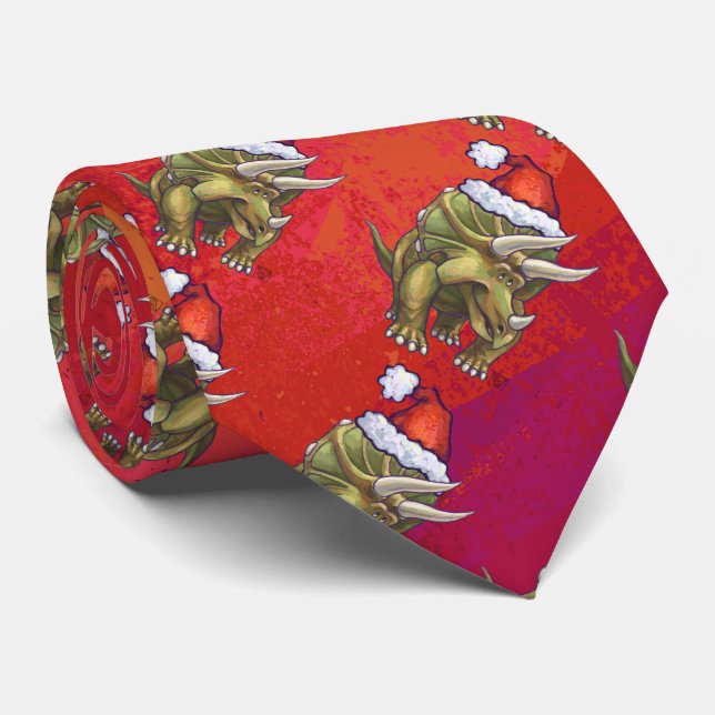 Triceratops Christmas On Red Tie (Rolled)