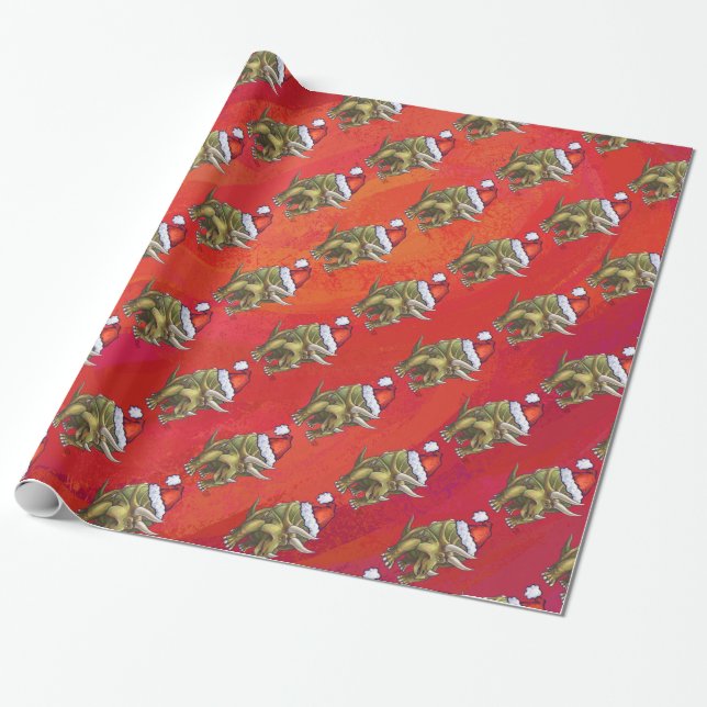 Triceratops Christmas On Red Wrapping Paper (Unrolled)
