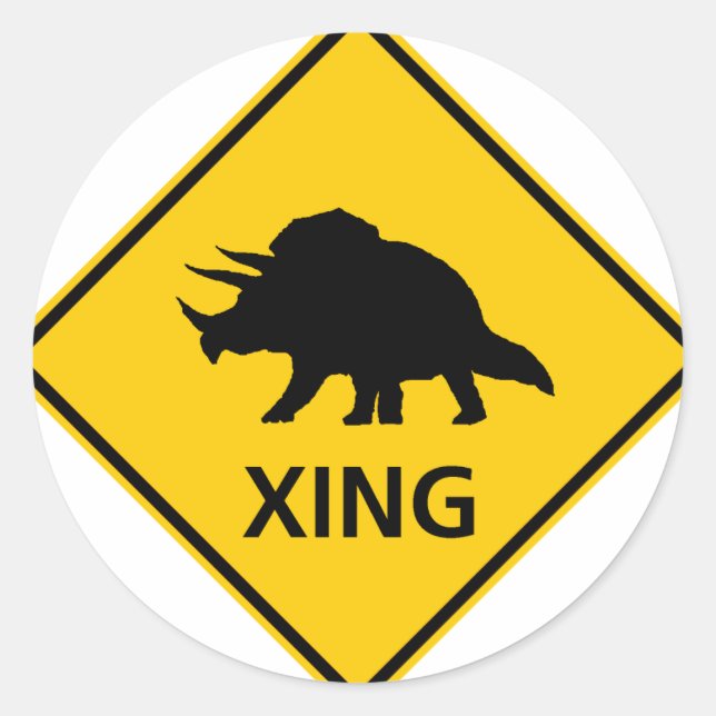 Triceratops Crossing Highway Sign Dinosaur Classic Round Sticker (Front)