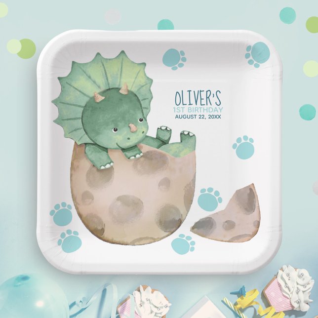 Triceratops Dinosaur Boy 1st Birthday Party Paper Plate (Creator Uploaded)