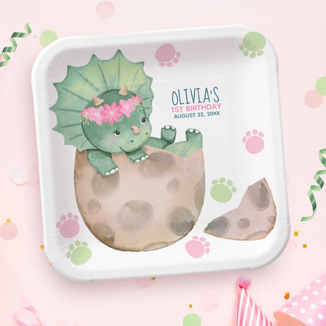 Triceratops Dinosaur Girl Birthday Party Paper Plate (Creator Uploaded)