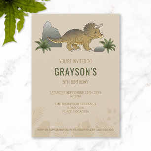 Triceratops Dinosaur Minimalist Beige Birthday Invitation