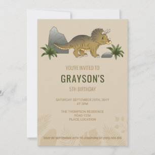 Triceratops Dinosaur Minimalist Beige Birthday Invitation
